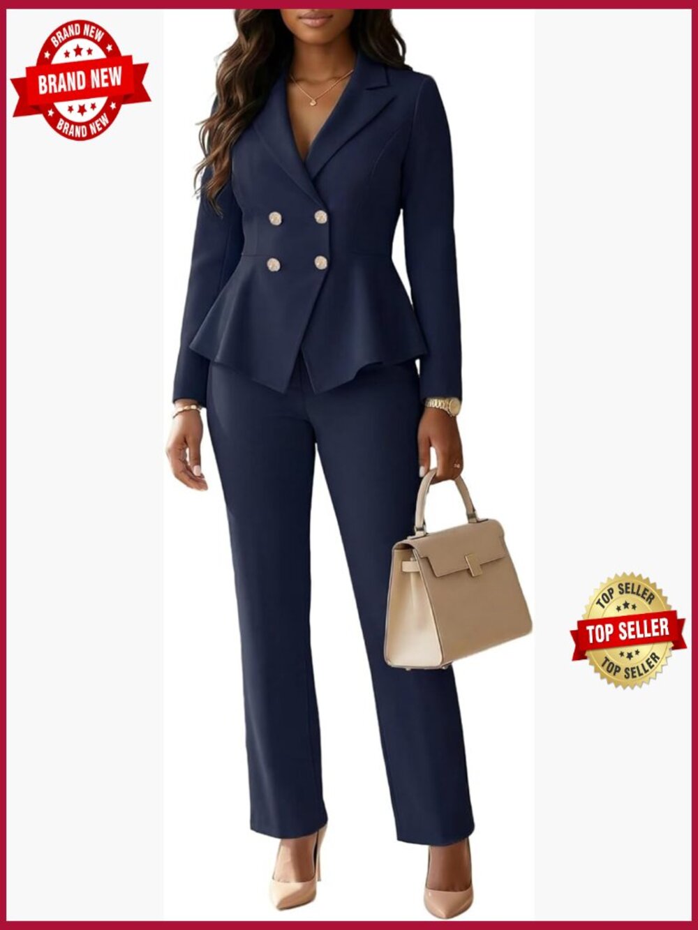 Women's 2 Piece Pantsuit Set Double Breasted Blazer Peplum Hem Straight Leg